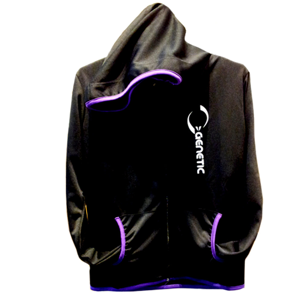 Jaqueta feminina Genetic com zíper e capuz.